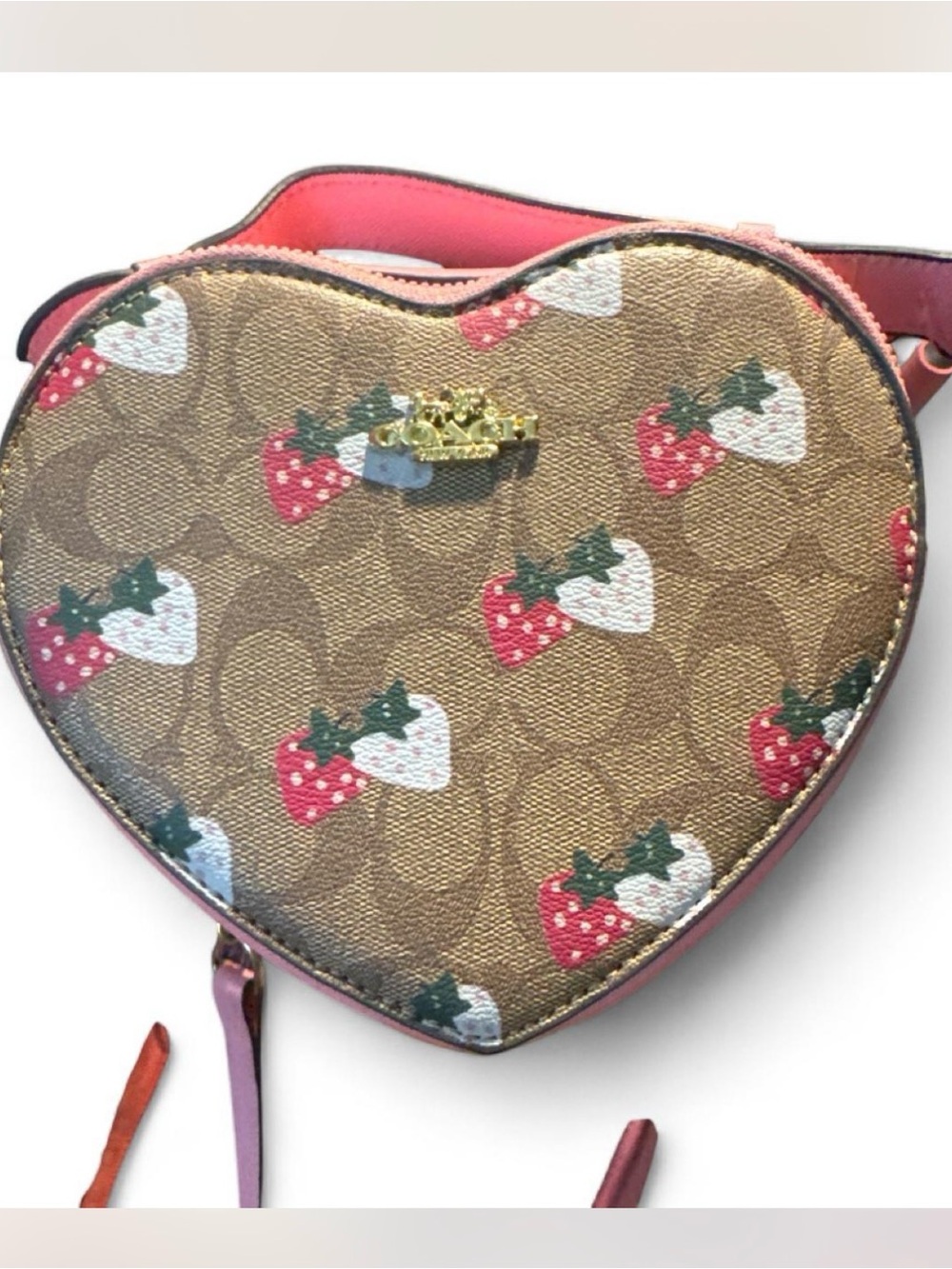 Coach Heart-Shaped Strawberry Print Mini Crossbody Bag - Brown/Pink/Red